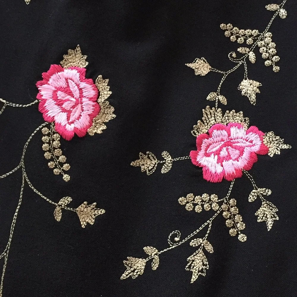 Karen Kane Black Embroidered Floral Skirt with Pink Tie Belt